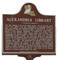 This site, located in the town's center square, was set aside for public use on the original town plat commissioned by Alexander Fulton in 1805. The building was contructed solely for advancement of culture and learning in 1907 by Caldwell Brothers, Contractors and Crosby & Henkel of New Orleans, Architects. It replaced an earlier library burned by Gen. Nathaniel Banks' federal troops May 13, 1864. Area businessman S.S. Bryan matched a $10,000.00 grant from Pittsburgh philanthropist Andrew Carnegie. The funds were given for a free public library with the stipulation that the City provide a "site and maintenance forever." An accepting ordinance was adopted by Alexandria's Board of Aldermen May 7, 1907. The Alexandria City Council in 1971 adopted a resolution designating the building as the Alexandria Historical and Genealogical Library and Museum. It was restored as a Bicentennial project. Through the date of the placing of this marker, 1990, the building remains in public ownership as the City's only public building over 75 years old used for its original purpose. It was placed on the National Register of Historic Places January 19, 1989.
