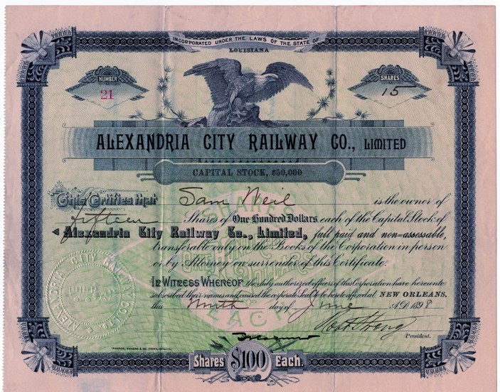 Alexandria City Railway Company stock certificate